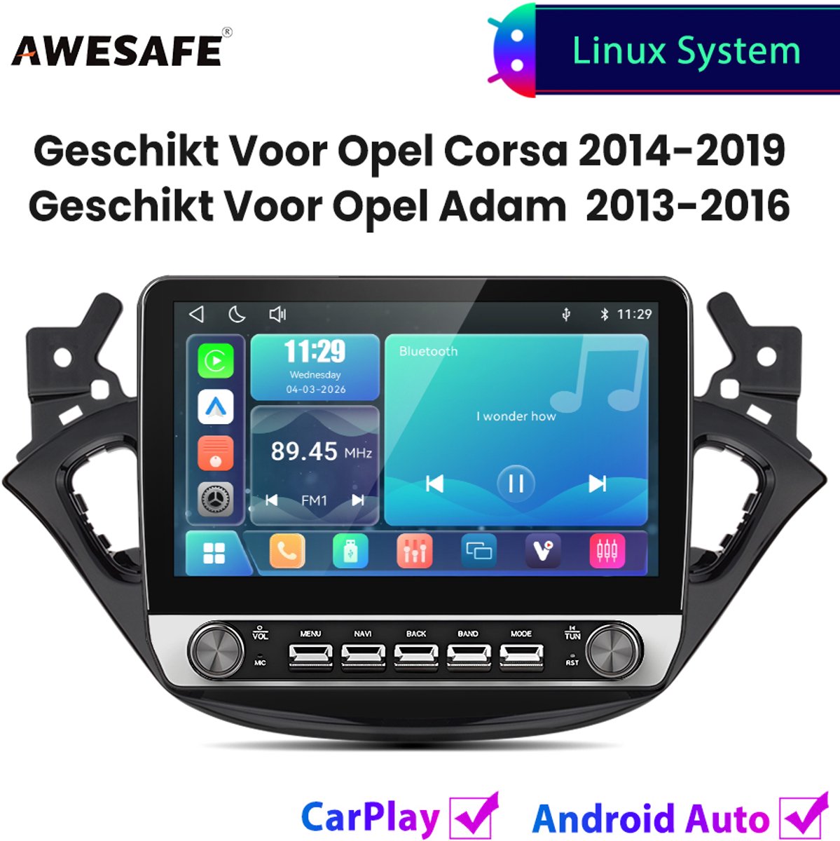 Awesafe 10.1 Inch Autoradio Met knop - Geschikt Voor Opel Corsa 2014 t/m 2019 / Opel Adam 2013 t/m 2016 - Draadloos Carplay Android Auto - Linux systeem - Touchscreen - Bluetooth Wifi - 2014 2015 2016 2017 2018