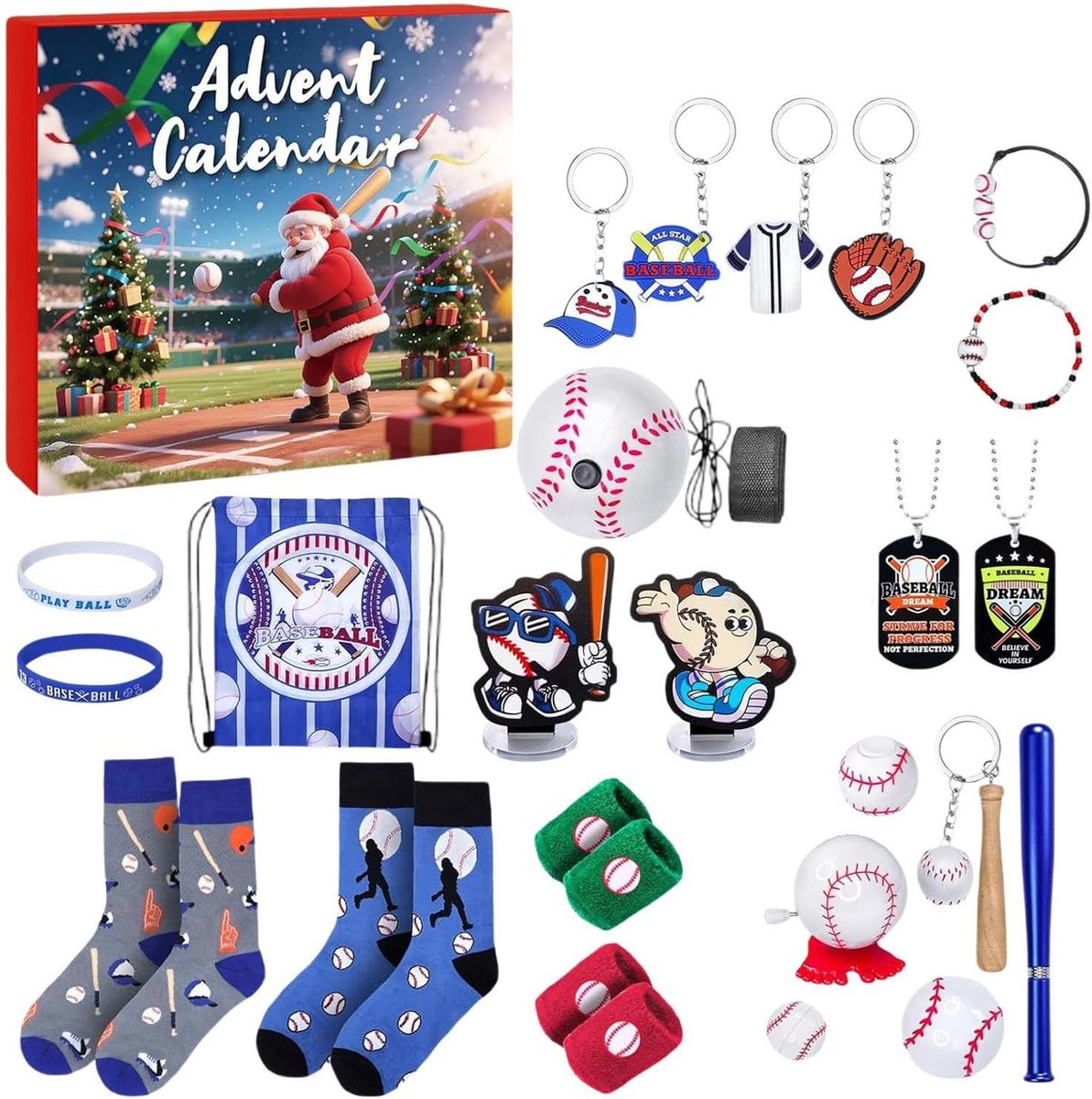 Kerstkalender met sportthema voor tieners - Aftellen tot 24 dagen - Inclusief verrassende speelgoedaccessoires zoals voetbalballen, honkballen en basketballen, en kerstsokvulling.