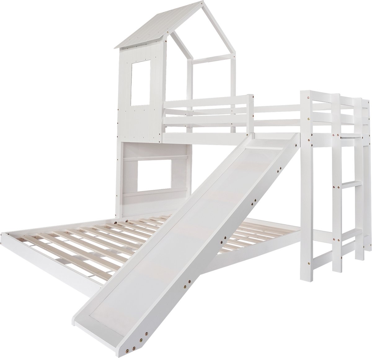 MUVANO Stapelbed Met Glijbaan - Wit Houten Huisbed - Kinderbed 90x200 En 140x200 - 210x227x216cm - Spelen En Slapen - Kinderkamer Wit
