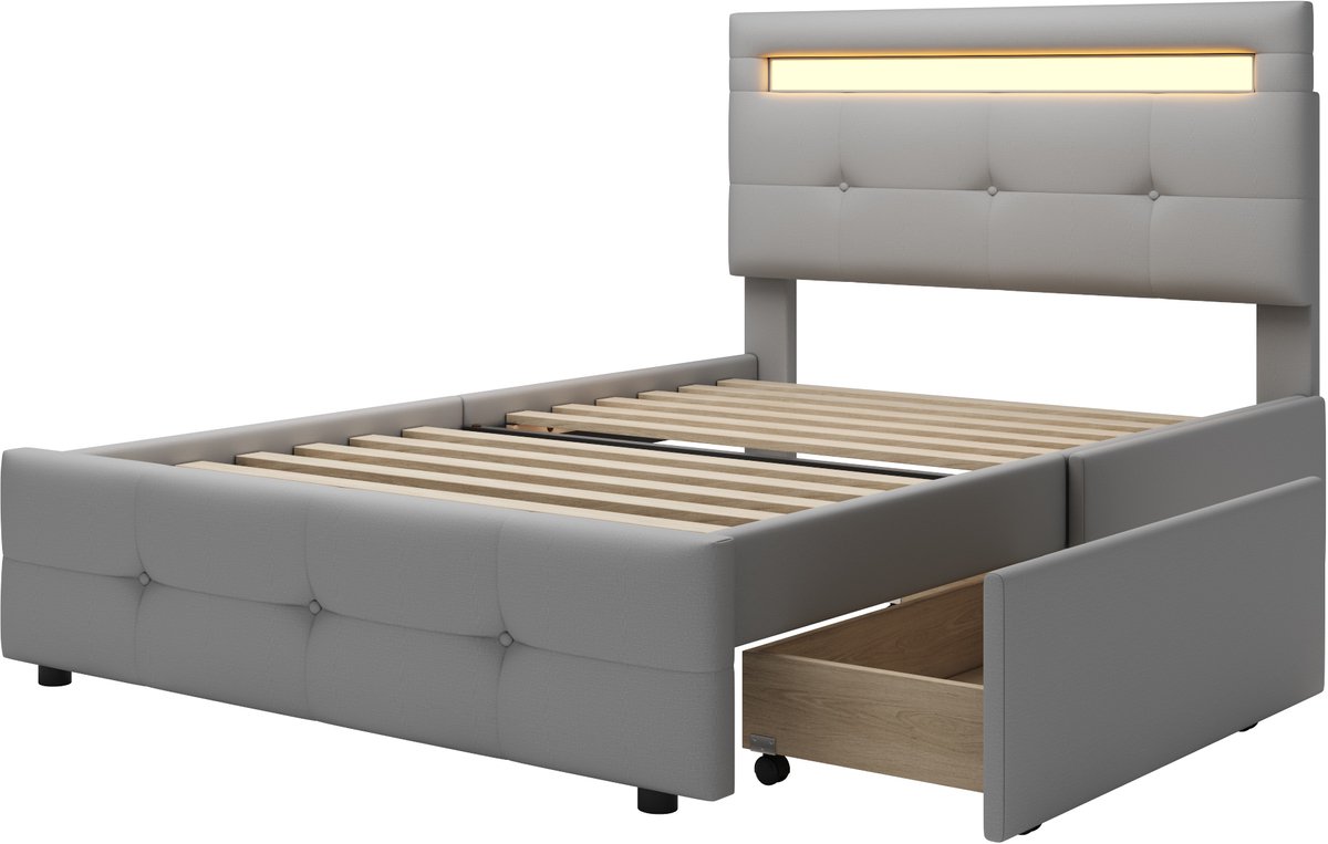 MUVANO Gestoffeerd bed 90x200 - Eenpersoonsbed met LED-verlichting - Grijs tienerbed-Logeerbed - 90x200 cm- Met 2 lades - Slaapkamer Grijs