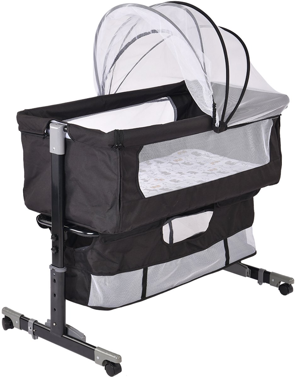 PIPIPOXER Co Sleeper- Peuterbed -3D anti-compressie katoenen matras - Babybedje tot 50 kg - Baby Bed - Baby Wieg Inclusief Matras & Mosquitonet – Verstelbare Hoogte - 4 wielen met rem - zwart