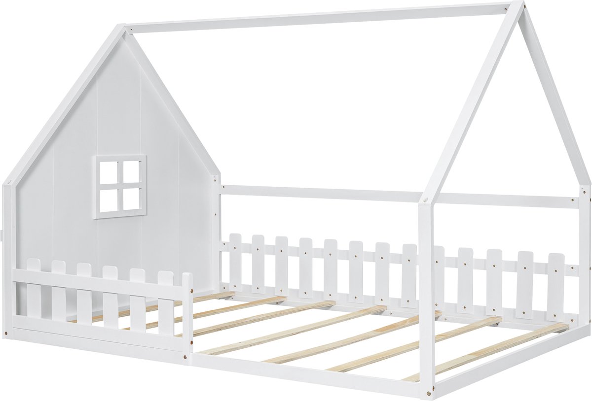 MUVANO Kinderbed - Wit huisbed 140x200 - Grenenhouten kinderbed - Vloerbed voor kinderen - 140x200 cm - Met uitvalbeveiliging - Slaapkamer Wit