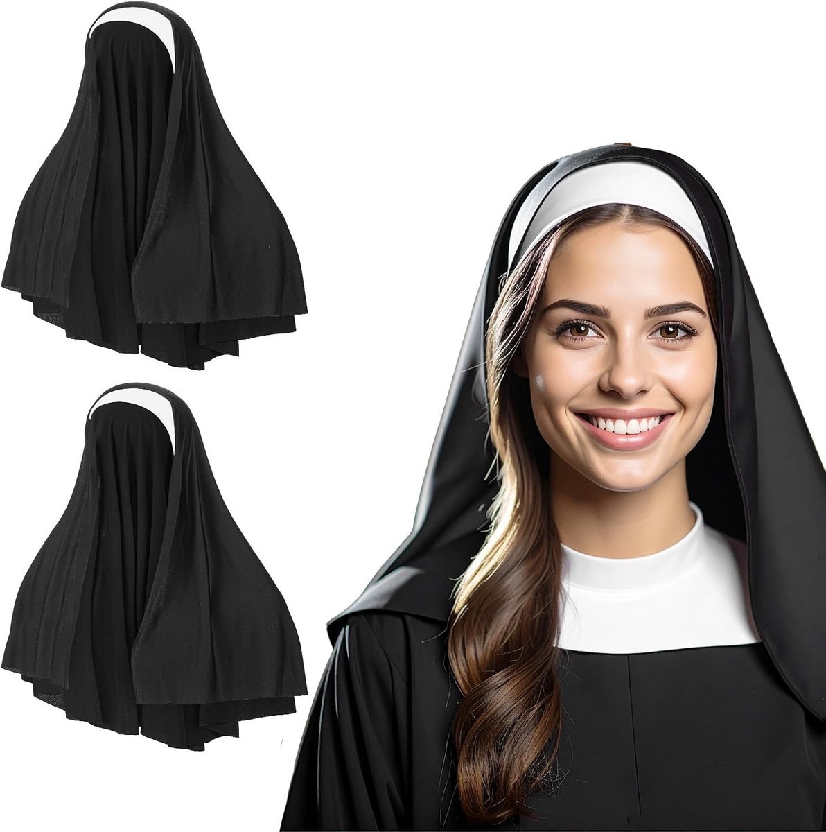 Elegante nonnenmuts voor Halloween, stijlvolle hoofdbedekking en kostuumaccessoires voor dames, ideaal voor cosplay en themafeesten (zwart en wit)