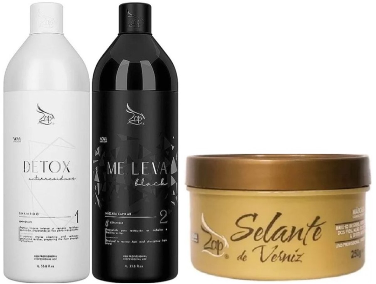 Zap Cosmeticos Me Leva Black & Detox Kit Braziliaans Keratine behandeling (2x) 1000 ml + Banho de vernis mascara hydratatie 250g