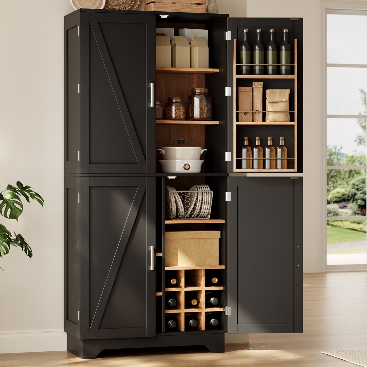 MIVRAY Keukenkast - Hoge Opbergkast Met Scheunendeuren En Wijnrek - Voor Keuken Eetkamer En Woonkamer - MDF - Zwart Natuur - 80 X 40 X 180 Cm