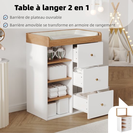2-in-1 commode met tekst: 'Table à langer 2 en 1', voorzien van open planken en drie laden met goudkleurige knoppen.