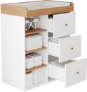 Witte commode met drie geopende lades, houten accenten, zijplanken en een aankleedkussen bovenop.