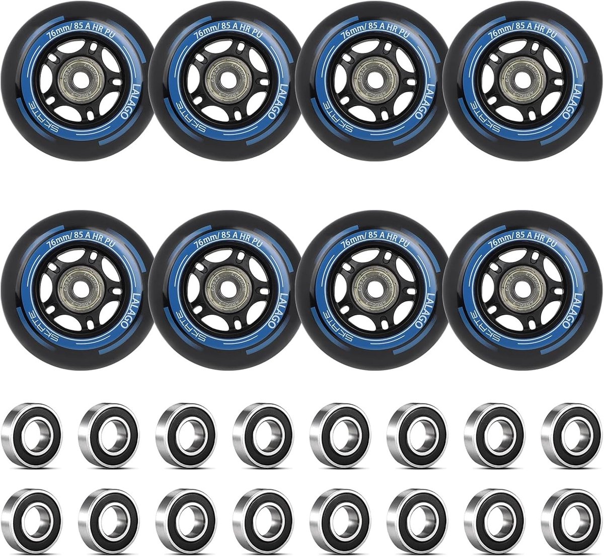 Set van 8 vervangende 76 mm wielen voor inline skates met ABEC 9 lagers voor soepel rijden