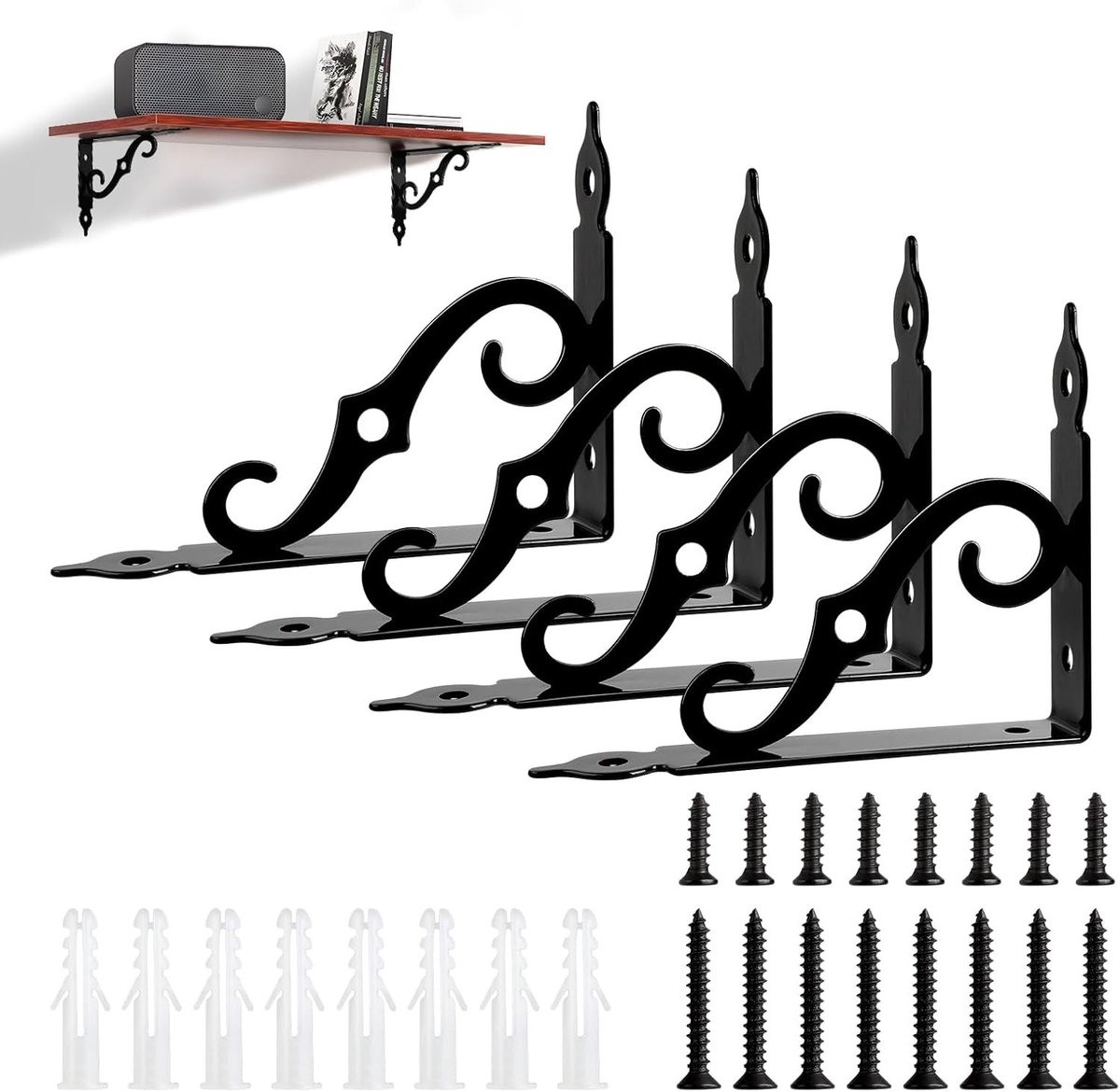 Set van 4 Zwarte Metalen Planksteunen 14 cm - Vintage Antieke Stijl S-Vormige Plankhouders voor Wandmontage, Stevige Hoeksteunen voor Planken