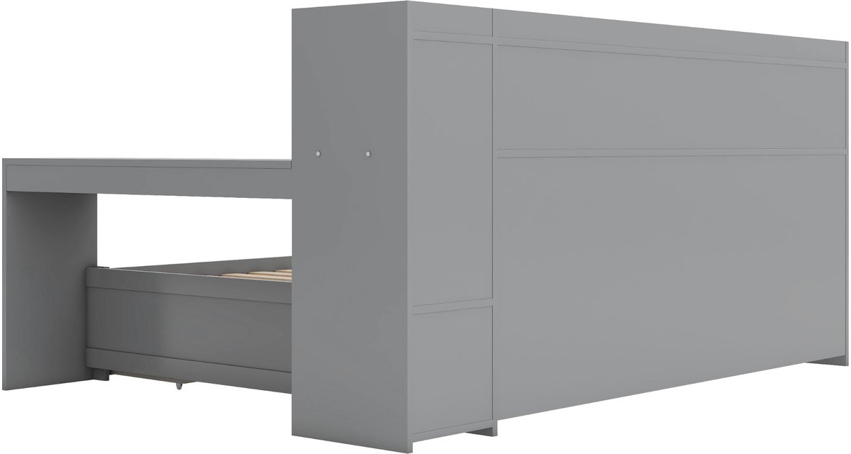 WUVRIE Bed 90x200 cm met bureau, USB, stopcontact, 2 lades en opbergvakken, grijs