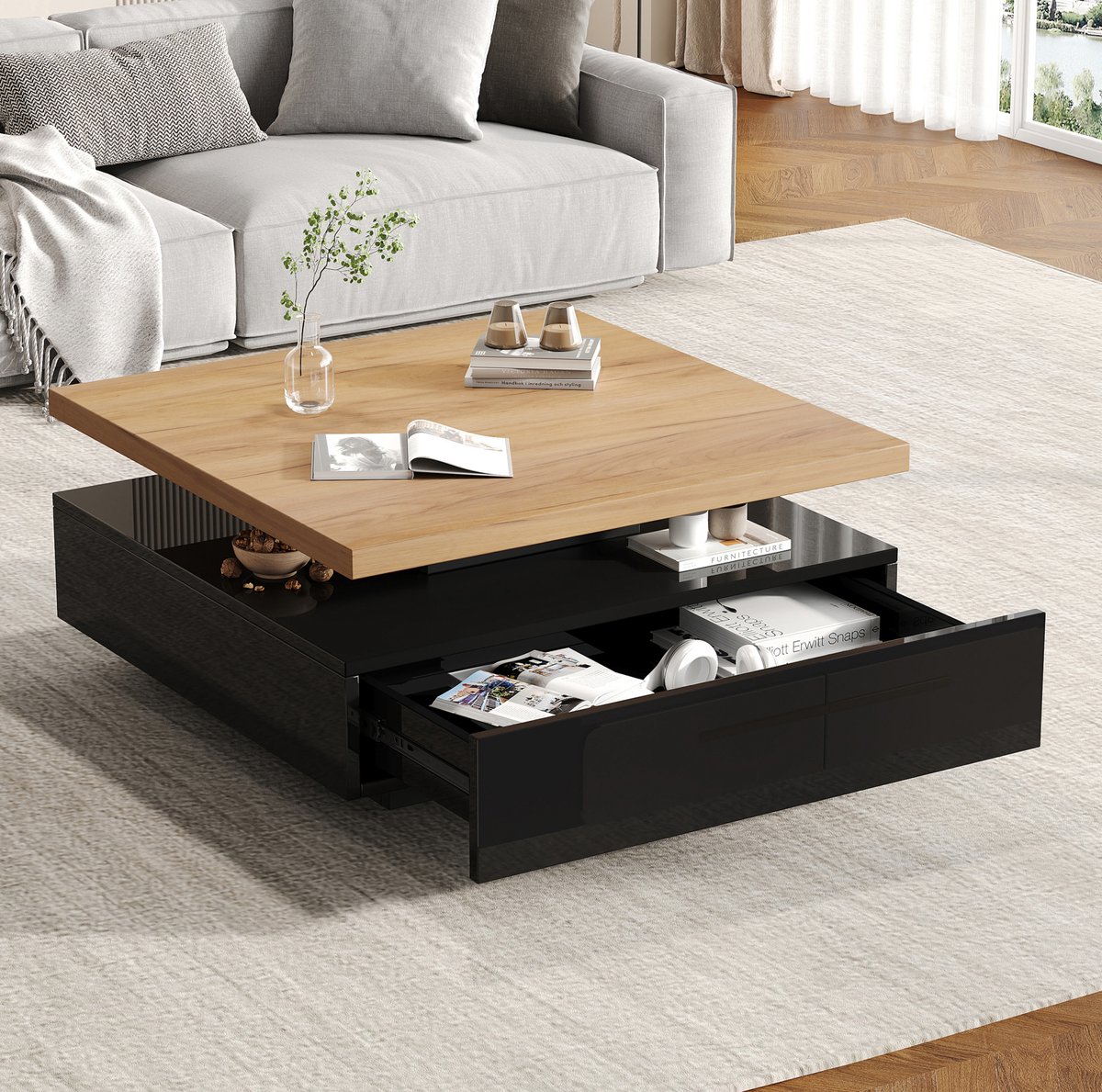 MODFU - Salontafel - Vierkant - 360° Draaibaar - Modern - Walnoot - Zwart