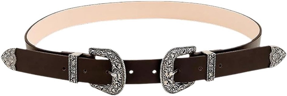 Dames PU Leren Riem met Dubbele Gesp in Retro Cowboy Stijl, Verstelbaar en Vintage voor Jeans en Jurken in Zwart