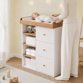Pugsdrly 2-in-1 babyverschoonkast, multifunctionele verschoonkast, afneembare reling, verschoonkast met lades & opbergruimte, wit met houtlook, afmetingen 82×50×100 cm, zonder verschoonmatje