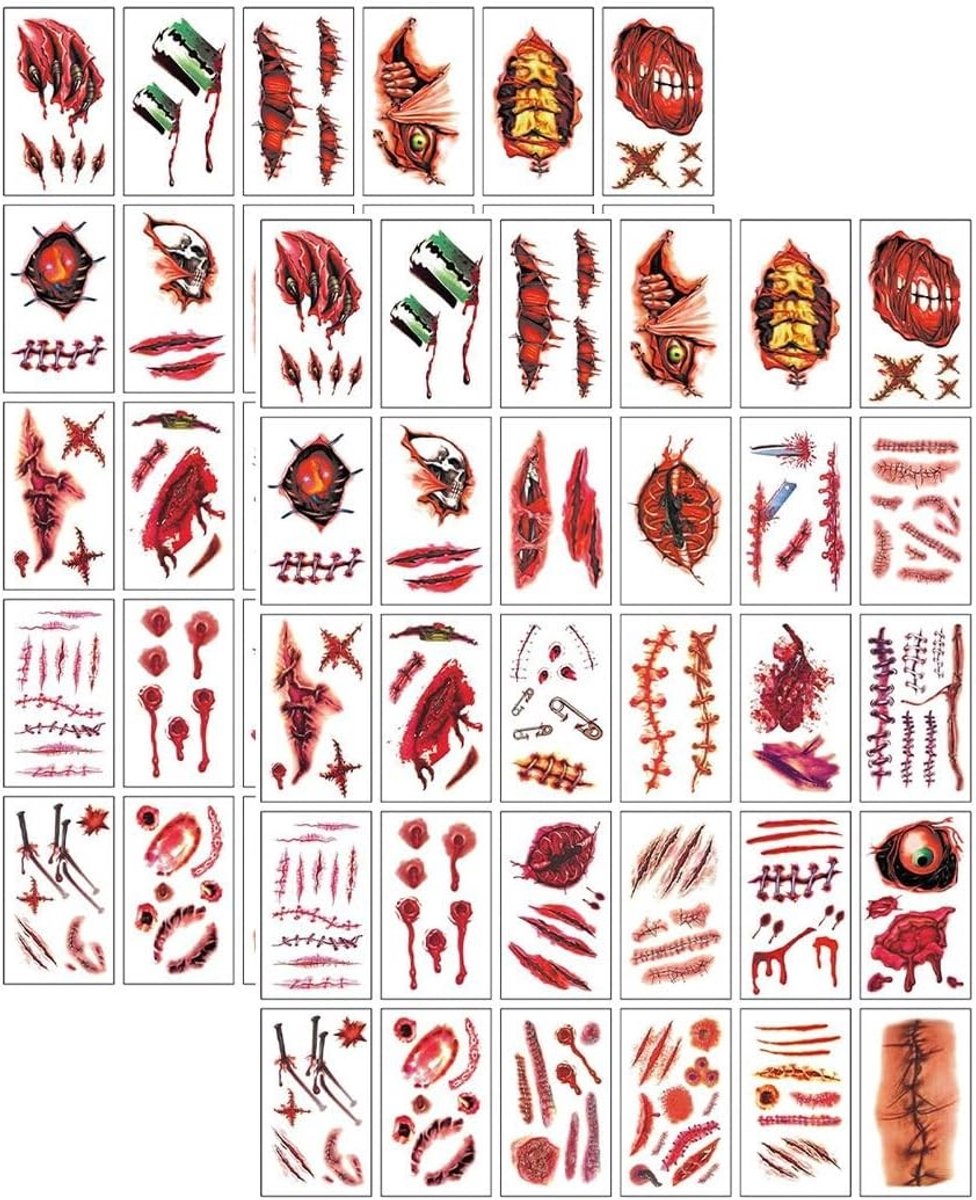 60 Bladen Halloween Tattoos voor Wonden, Realistische Make-up Tattoos en Schrik Tattoos