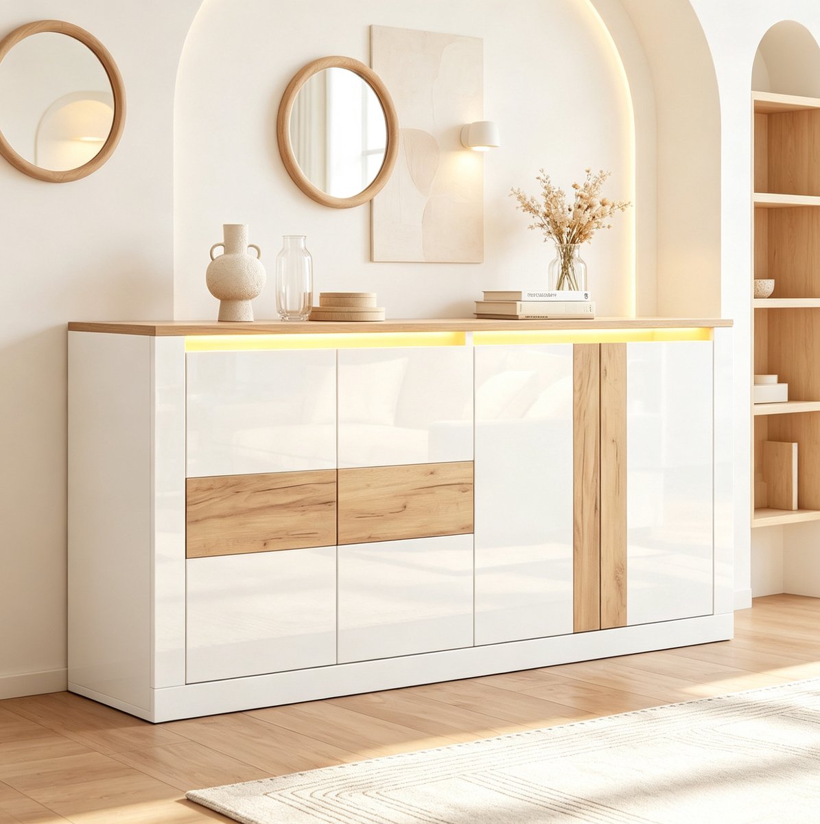 MODENUIT Dressoir - 4 Deuren Met RGB LED - Voor Woonkamer En Eetkamer - MDF Wit Naturel - 140x35x70 Cm