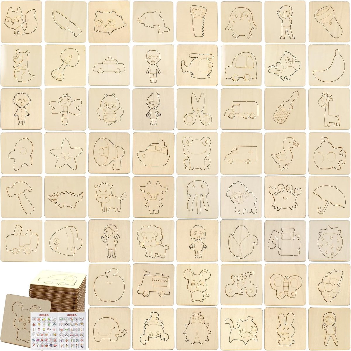 Set van 60 Houten Sjablonen voor Schilderen en Knutselen - Dierlijke en Textiele Ontwerpen voor DIY Projecten en Kleurplaten
