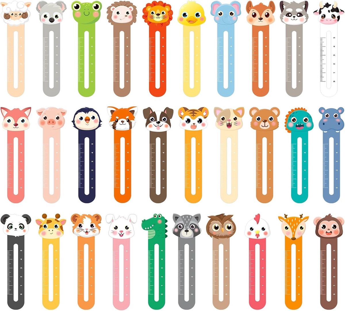 30 Stuks Schattige Dieren Boekenleggers Multipack - Papieren Pagina Clips met 30 Ontwerpen, Persoonlijke Liniaal en Schoolbeloningen