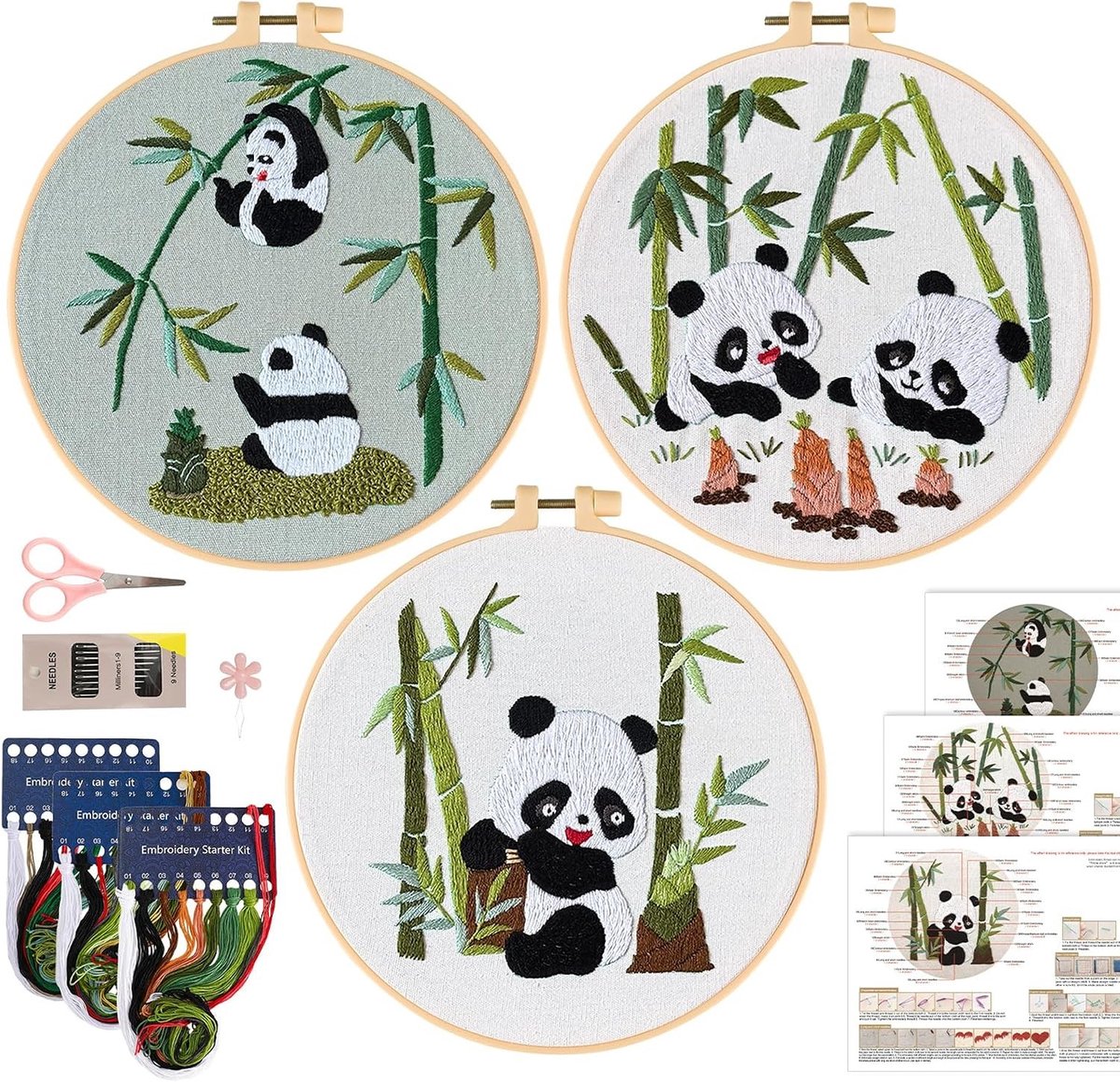 3 Sets Borduurstarter Kit voor Beginners en Volwassenen, Geprinte Kreuzsteekset met Panda Motief, Doe-Het-Zelf Handgemaakte Borduurset met Gereedschap voor Creatieve Hobbyisten