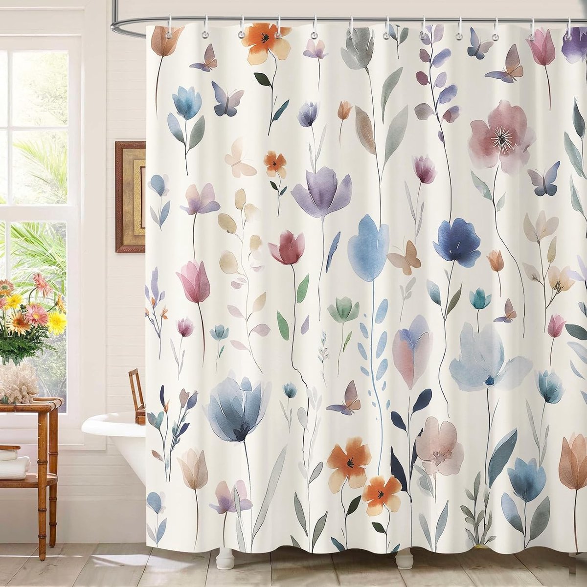 Kleurrijke Waterverf Bloemen Douchegordijn 180 x 180 cm, Waterdicht en Schimmelbestendig, Ideaal voor Badkamerdecoratie met 12 Haken