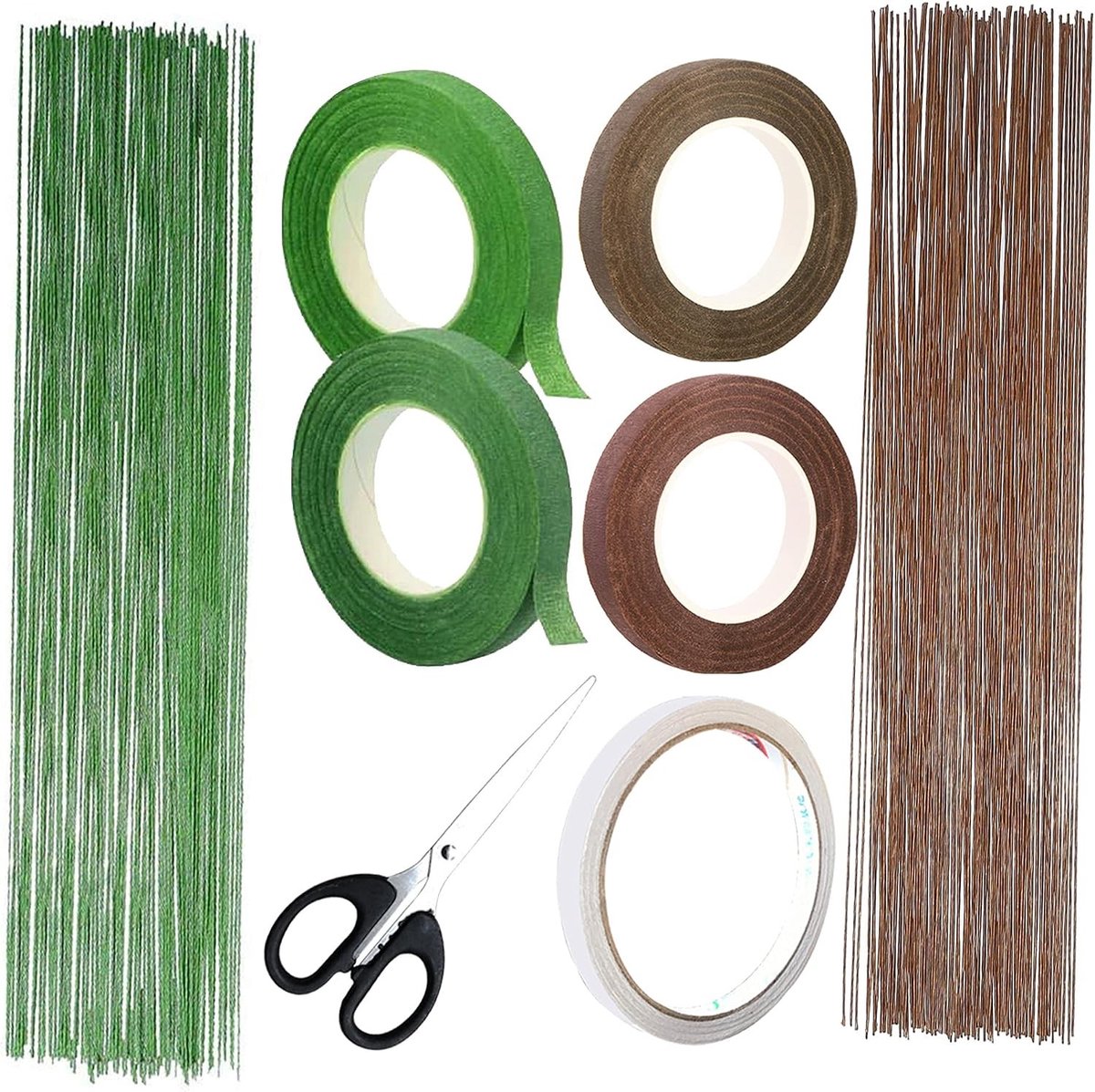 Complete Floral Arrangement Tools Kit met 200PCS 26 Gauge Groene en Donkerbruine Stelen, 4 Rollen Bloemenlint, Schaar en Dubbelzijdige Tape voor Boeketverpakking