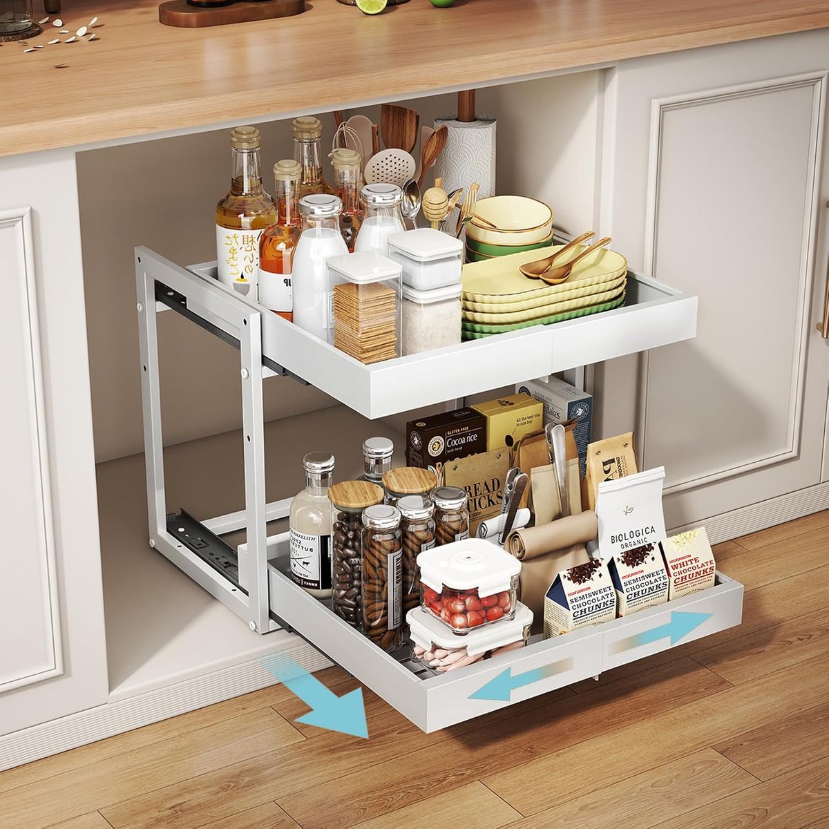 BOTC Uittrekbare Keukenkast Organizer - Verstelbare Kastlade 32-52 cm - Zonder Boren - Draagvermogen 25 kg - Voor Keukenkast & Voorraadkast - Wit