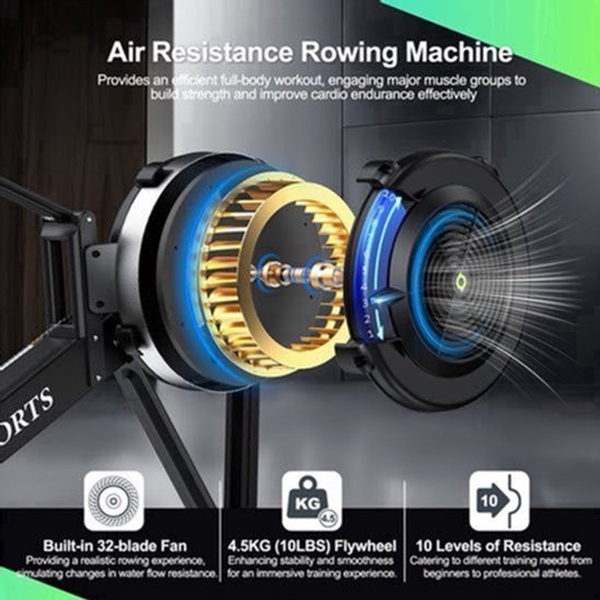 Roeimachine – Roeitrainer – Roeiapparaat – Fitness Roeimachine – Air Resistance Rowing Machine – 10 Weerstandsniveaus – Draadloos Smart Display – Inklapbaar – Max 160 kg Belastbaar