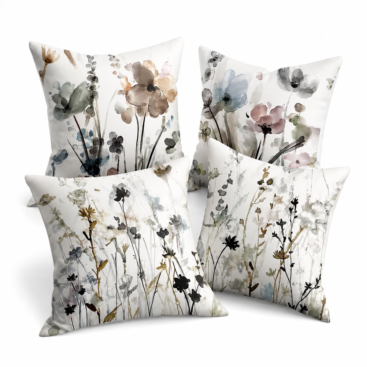 BOTC Sierkussenhoezen 45x45 cm - Set van 4 - Zachte Kussenhoezen met Bloemenprint - Polyester met Verborgen Rits - Wit
