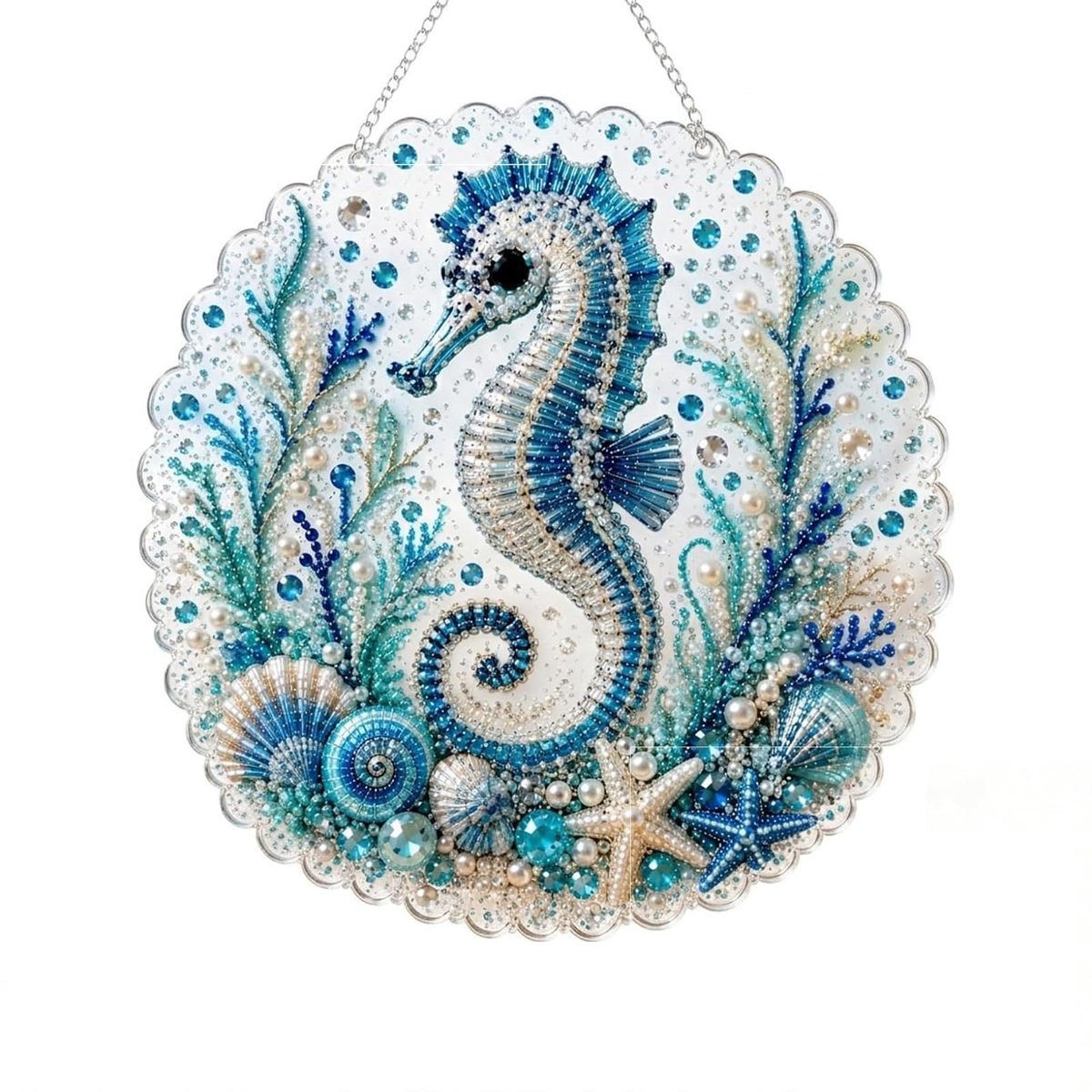 Casalora® Diamond Painting Oceaanhanger – 5D Acryl Zeedecoratie – Zeepaardje – Enkelzijdige DIY Set met Parels en Speciale Vorm Diamantjes – Oceaan Raamdecoratie – 20 × 20 cm
