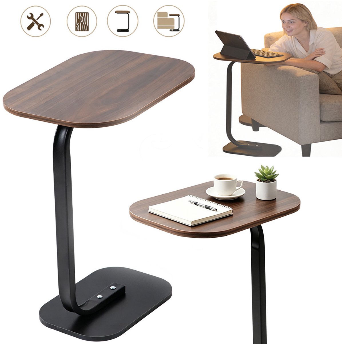 C-Vormige Bijzettafel, Tv-Dienblad, Smalle Bijzettafel, Laptoptafel, Houten Bijzettafel.