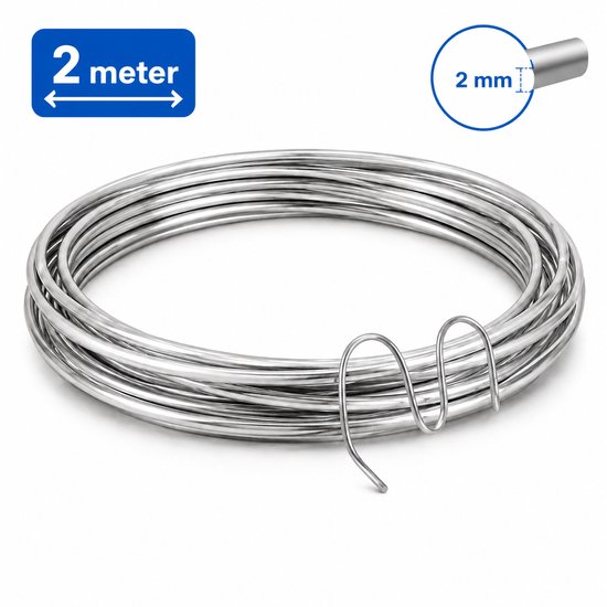 Een rol zilverkleurige aluminiumdraad van 2 meter lang en 2 mm dik.