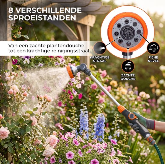 Een oranje sproeikop wordt gebruikt om roze en paarse bloemen te besproeien, met tekst die 8 sproeistanden aangeeft.