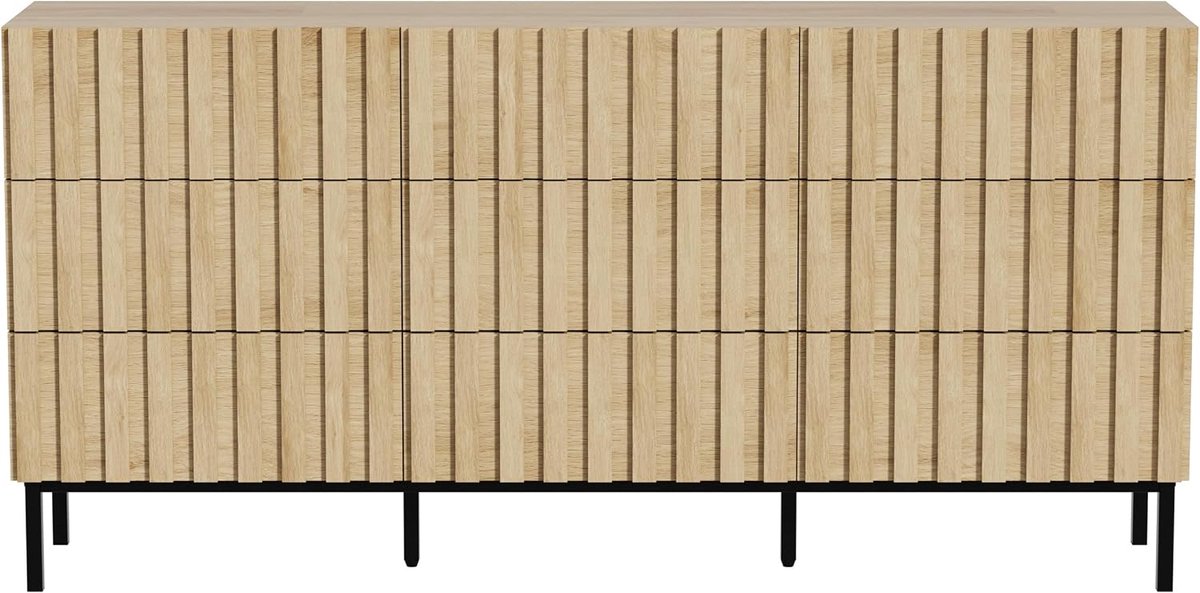 UEV Commode met 9 laden, 150x34x72cm, Modern dressoir, tv-meubel, opbergkast, smalle commode, buffetkast, kast voor woonkamer, slaapkamer, hal (Natuurlijk+Zwart)