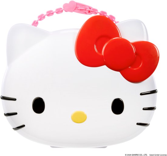 Een witte Hello Kitty draagtas met rode strik, witte handgreep.