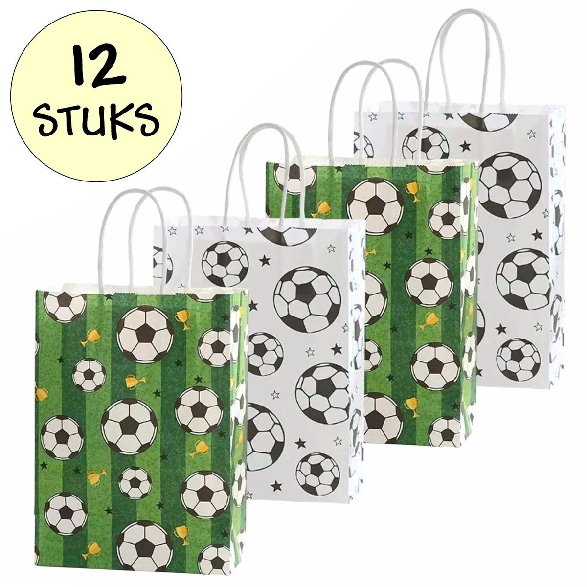 12x Papieren Uitdeeltasjes Voetbal & Beker - 15x8x21cm - Stevig Papier - Traktatie Zakjes - Papieren Tasjes - Cadeau Zakjes - Uitdeelzakjes - 2 Verschillende Kleuren - Kraftpapier - 12 Stuks