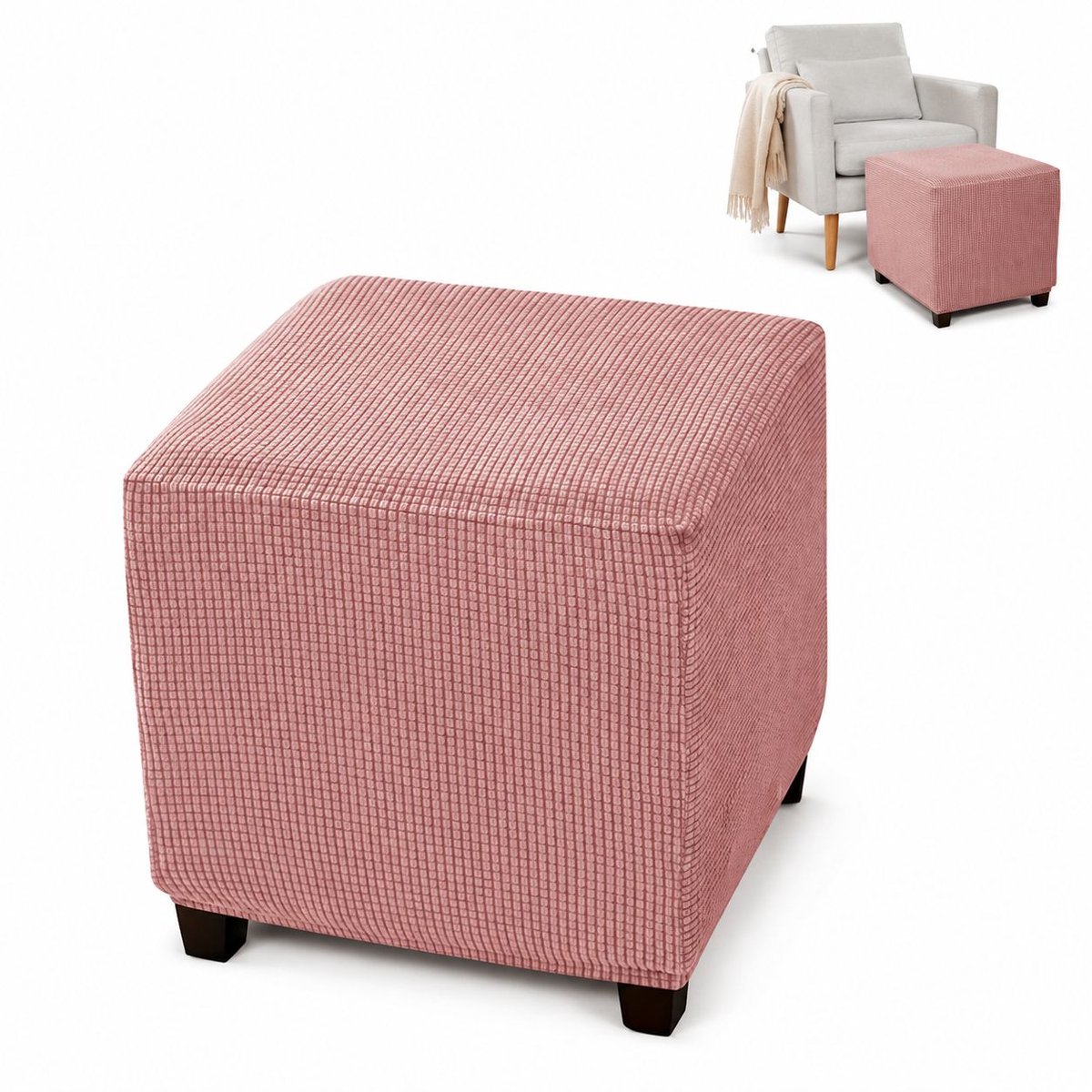 VHV - Voetenbankhoes - Stretch Hoes - Rekbare Jacquard - Geen vervorming - Comfort - Lengte 33-45,7 cm - Breedte 33-45,7 cm - Hoogte 38,1-45,7 cm - Voor Vierkante Voetenbank - Roze