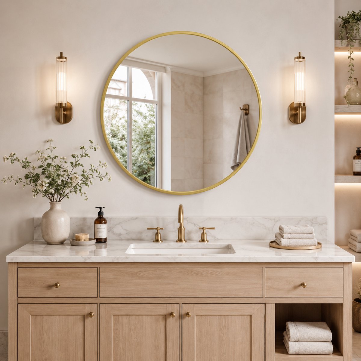 Ronde wandspiegel 75 cm goudkleurig met aluminium frame en gehard glas