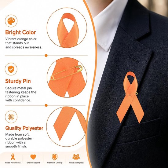 100 Stuks Satijn Ribbons Pins voor Kankerbewustzijn, Leukemie en Geweld - Oranje - 7.5 x 4 cm — afbeelding 2