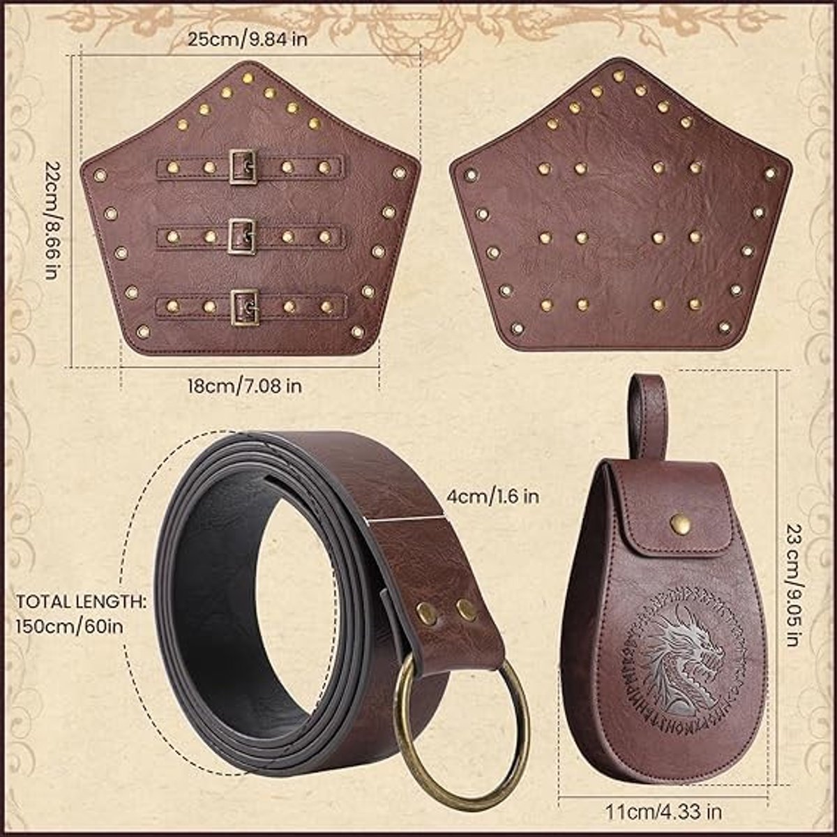 Middeleeuwse Kostuumaccessoires voor Viking Outfit en Renaissance Kostuum met Riem, Zakjes en Polsbescherming voor Halloween en Carnaval Cosplay