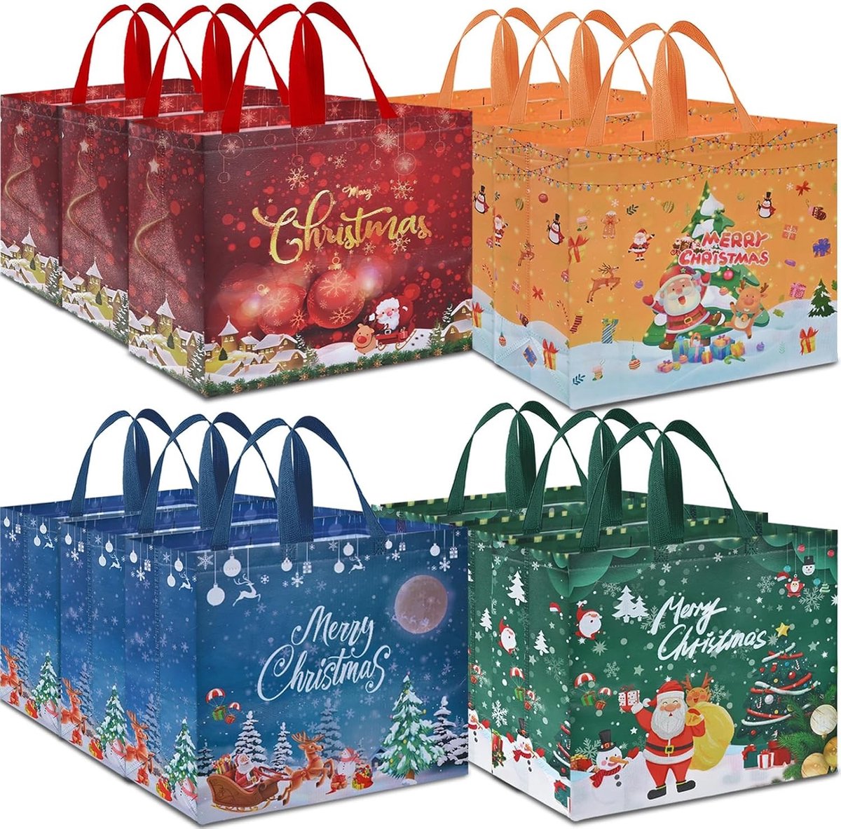 12 Stuks Extra Grote Kerst Cadeautassen, 30x30x14cm, Herbruikbare Niet-Geweven Tassen voor Kerstfeesten en Nieuwjaarsdecoraties, Ideaal voor Cadeauverpakking en Winkelgebruik