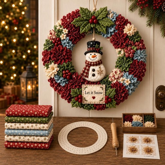 Kerstkrans-knutselkit op tafel, met gestapelde stoffen, gereedschap, onderdelen en voltooide krans met sneeuwman. Deuren en kerstboom op achtergrond.