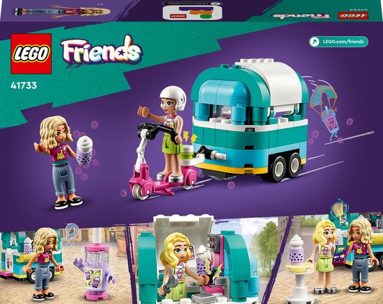 LEGO Friends mobiele bubbelthee stand met twee poppetjes, een scooter en de stand.