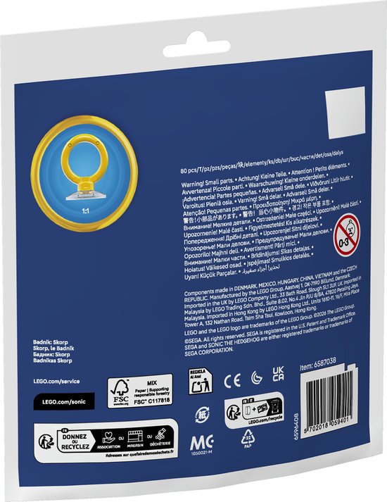 Achterkant van de LEGO Sonic verpakking met waarschuwingen, onderdelen informatie en recycling logo's.