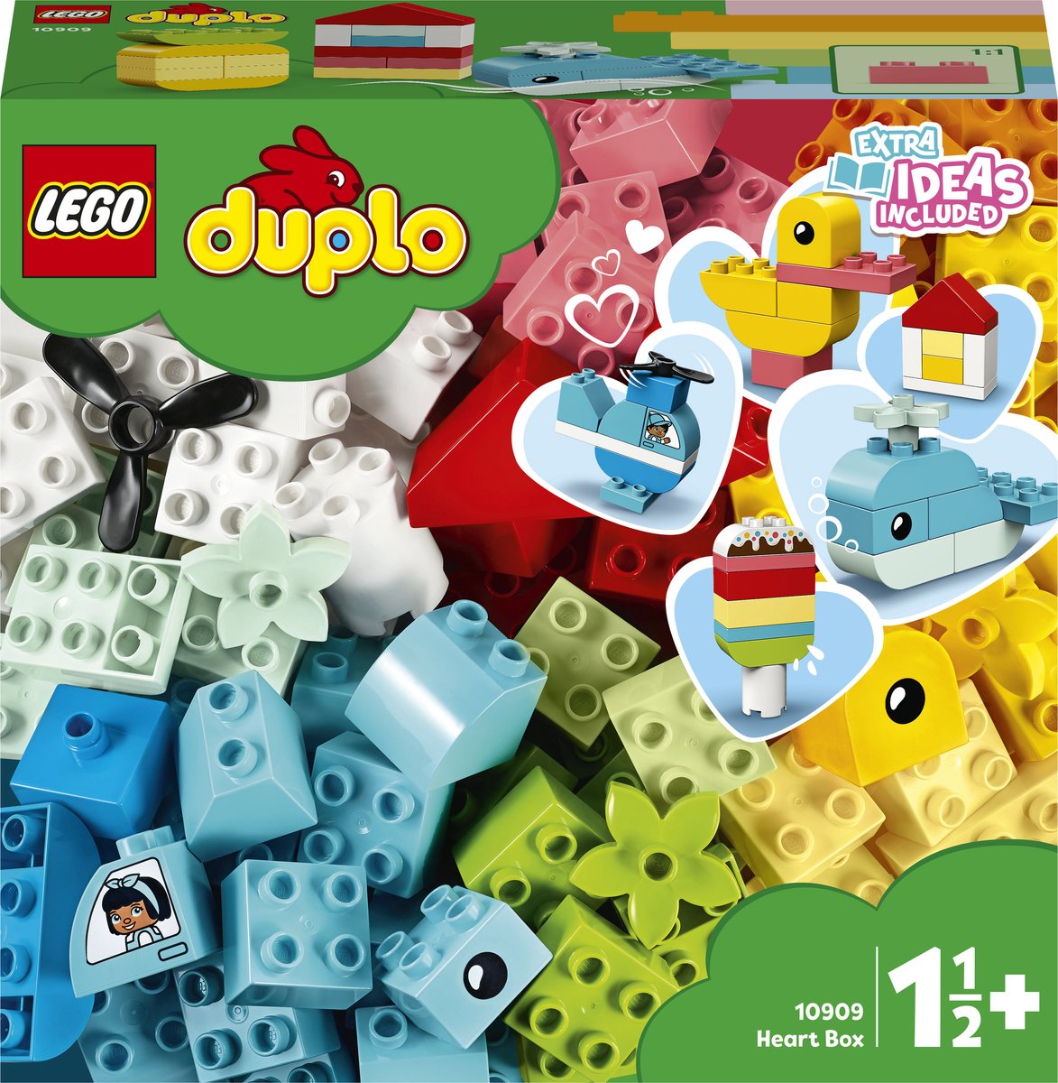 LEGO® DUPLO® Classic Hartvormige doos 10909 bouw- en speelset voor beginners; stimuleert de ontwikkeling van peuters en zelfstandig spelen vanaf 18 maanden; eindeloze creativiteit met 15 modellen om de verbeelding te prikkelen (80 onderdelen)
