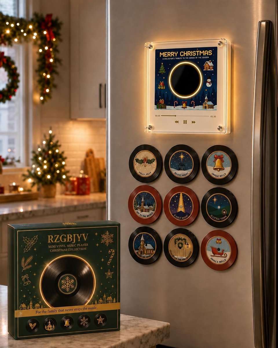Magnetische Kerst Muziekdoos voor Koelkast - 9 NFC Mini Vinylplaten - met LED-licht - Afspeelmogelijkheid Zonder Telefoon - NFC Magnetische Muziekdoos Set - Oplaadbaar - Sfeervolle Retro - Perfect kerstcadeau - herbruikbaar - voor kerstdecoraties