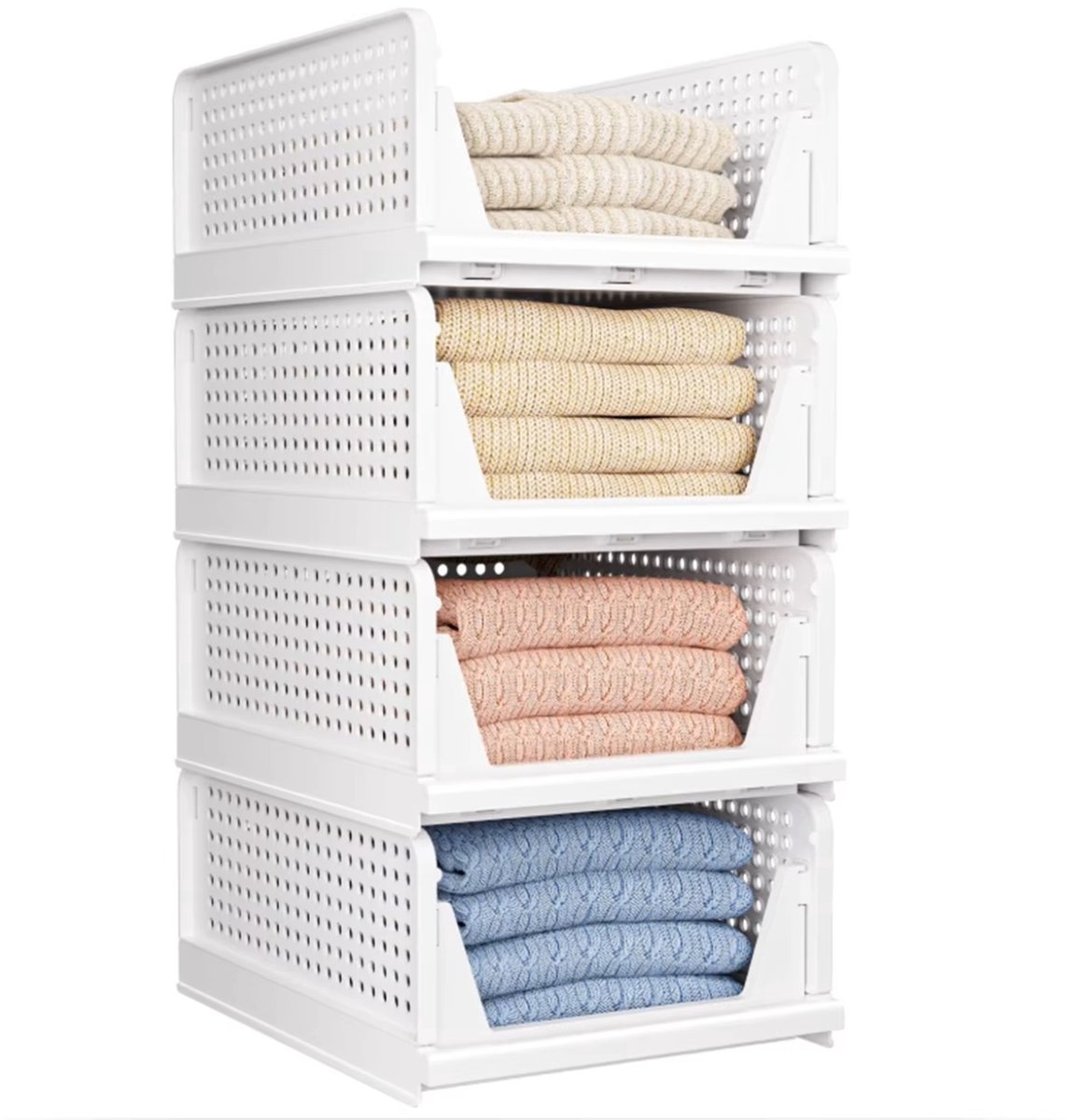 UrbanSelect Opbergmand - Kledingkast Organizer - Opvouwbaar - 4 Stuks - Stapelbaar - Schuifrail - Open Voorkant Wit