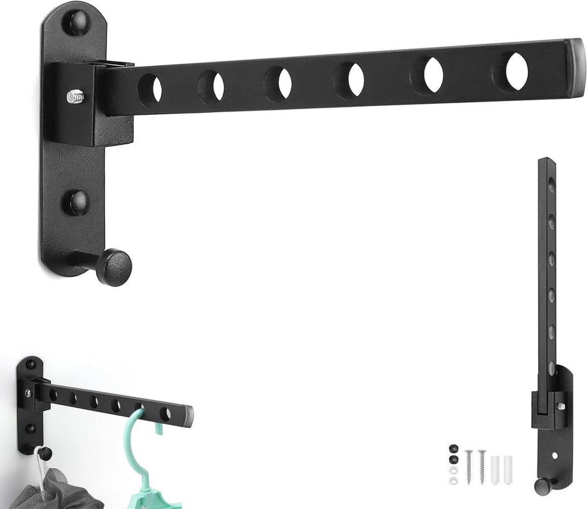 Droogrek radiator - Zwart - Inklapbaar Wanddroogrek met 6 Haken - Duurzaam Metaal - Voor Balkon en Badkamer