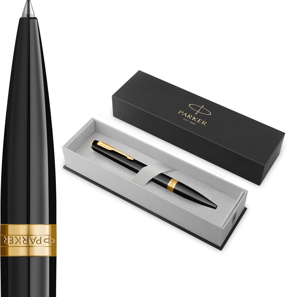 Parker Meridian Balpen | Zwarte lak met gouden accenten | Middelgrote penpunt | Handschriftpennen & Schrijfwaren | Blauwe inkt | Luxe Cadeaudoos