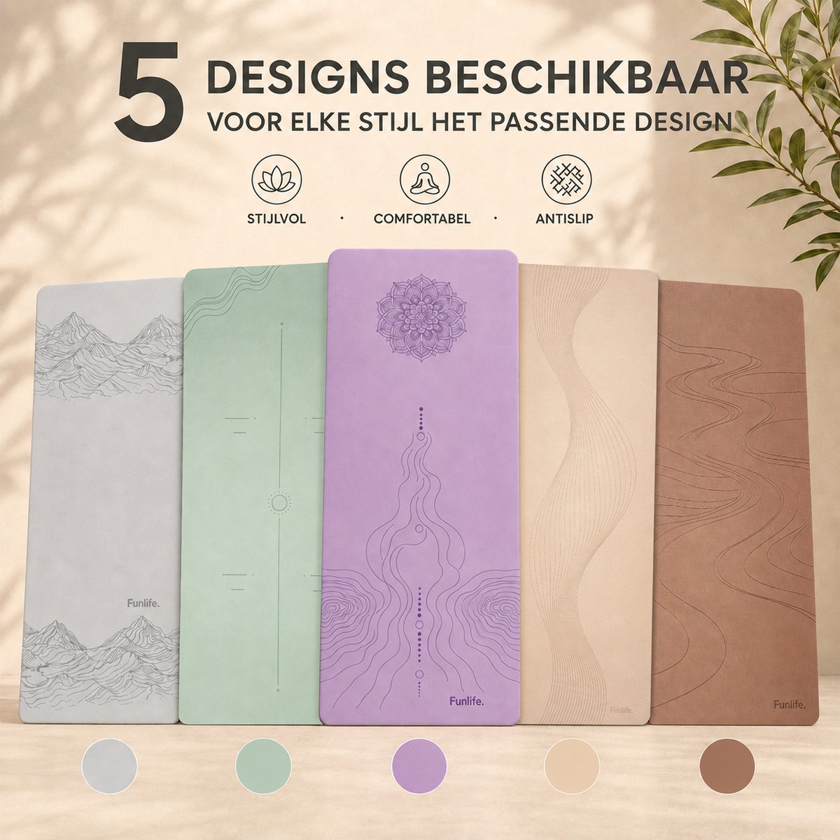FunLife Yogamat Extra Breed 183 x 80 cm - 8 mm TPE Fitnessmat Antislip met Draagriem - Pilates en Trainingsmat - Beige Lijndesign thumbnail 5