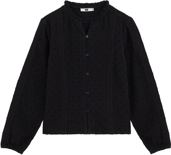 Zwarte blouse voor meisjes met structuur, opstaande kraag, knoopsluiting en kanten accenten op de voorzijde.