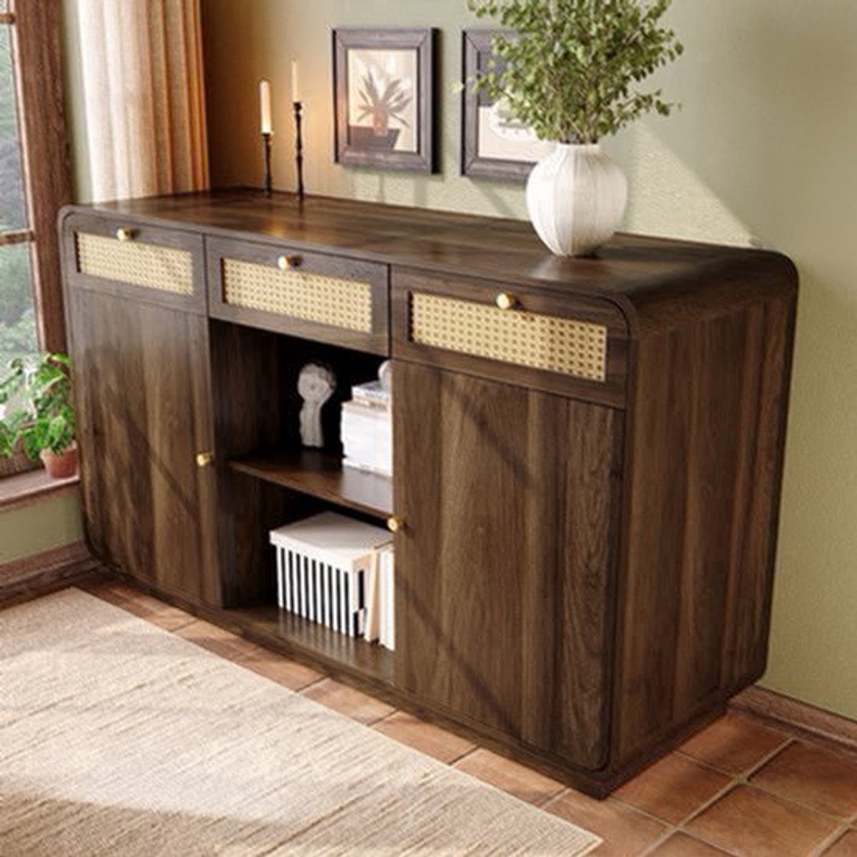 Dressoir – Sideboard – Opbergkast – Ladekast – Buffetkast – Notenhout Met Rattan Details – 120x40x85 Cm – Verstelbare Planken